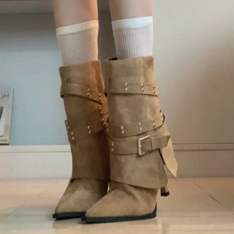 

Fall New Slim Heel Single Boots Women's Fashion Pointed Toe Suede Studded Sleeve Non-Slip Mid-Leg Boots