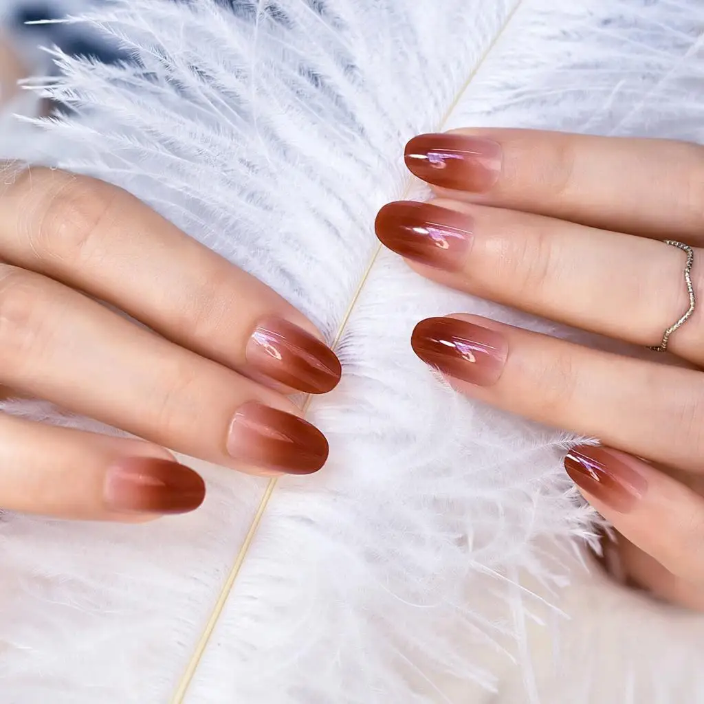 Glanzende mooie heldere naakt wijnrode gradiëntnagels middellange ovale herbruikbare valse acryl nail art tips nep vingernagels