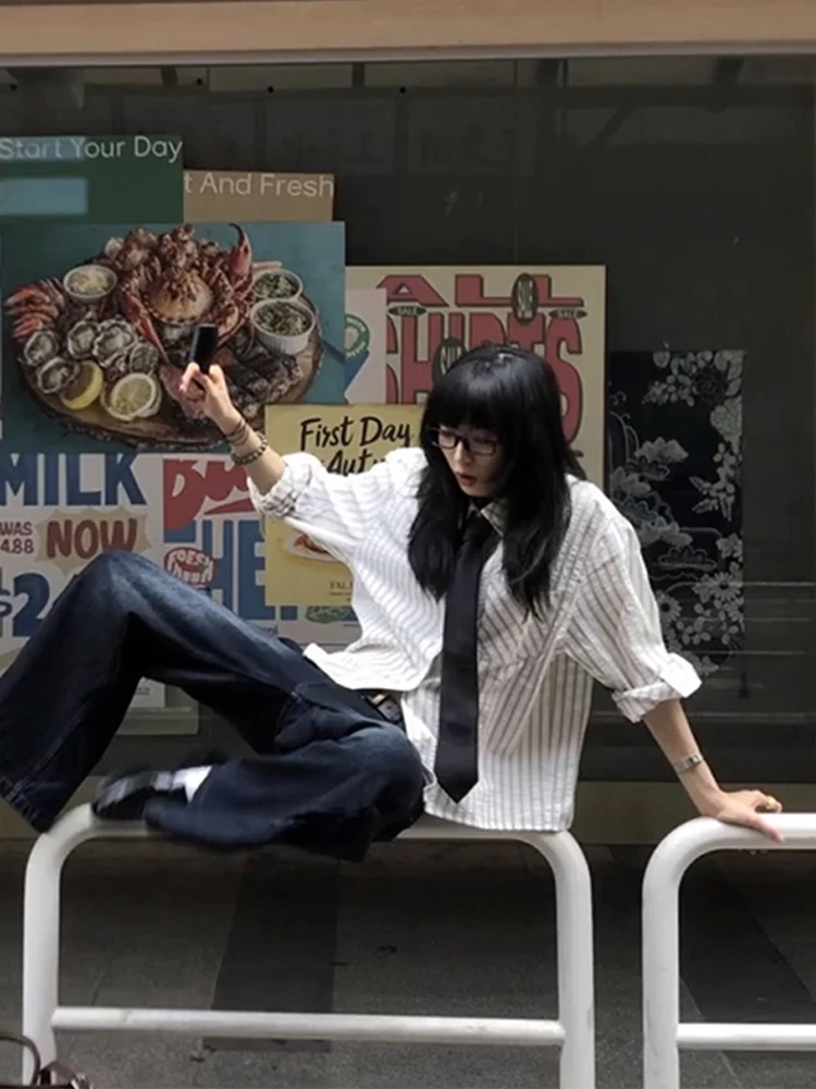 

Мужская повседневная одежда с отложным воротником в американском стиле ретро в полоску Bubble irt, универсальная осенняя мода, простое высококачественное ощущение