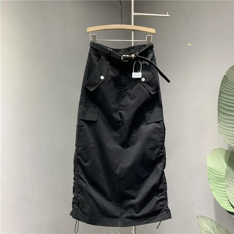 Design sense drawstring tooling skirt women's 2025 summer thin loose casual medium and long thin hip skirt