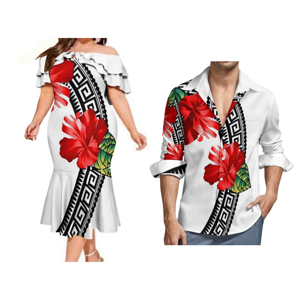 

Women'S Teardrop Neck Ruffle Neck Ruffled Long Dress Men'S Polynesian Print Shirt Couple'S Latest Tribal Ethnic Wear