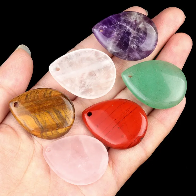 New 1pcs 25x33mm Natural Stone Teardrop-shaped Tiger's Eye Amethyst Rose Quartz Charms for Jewelry Making Necklace DIY Materials