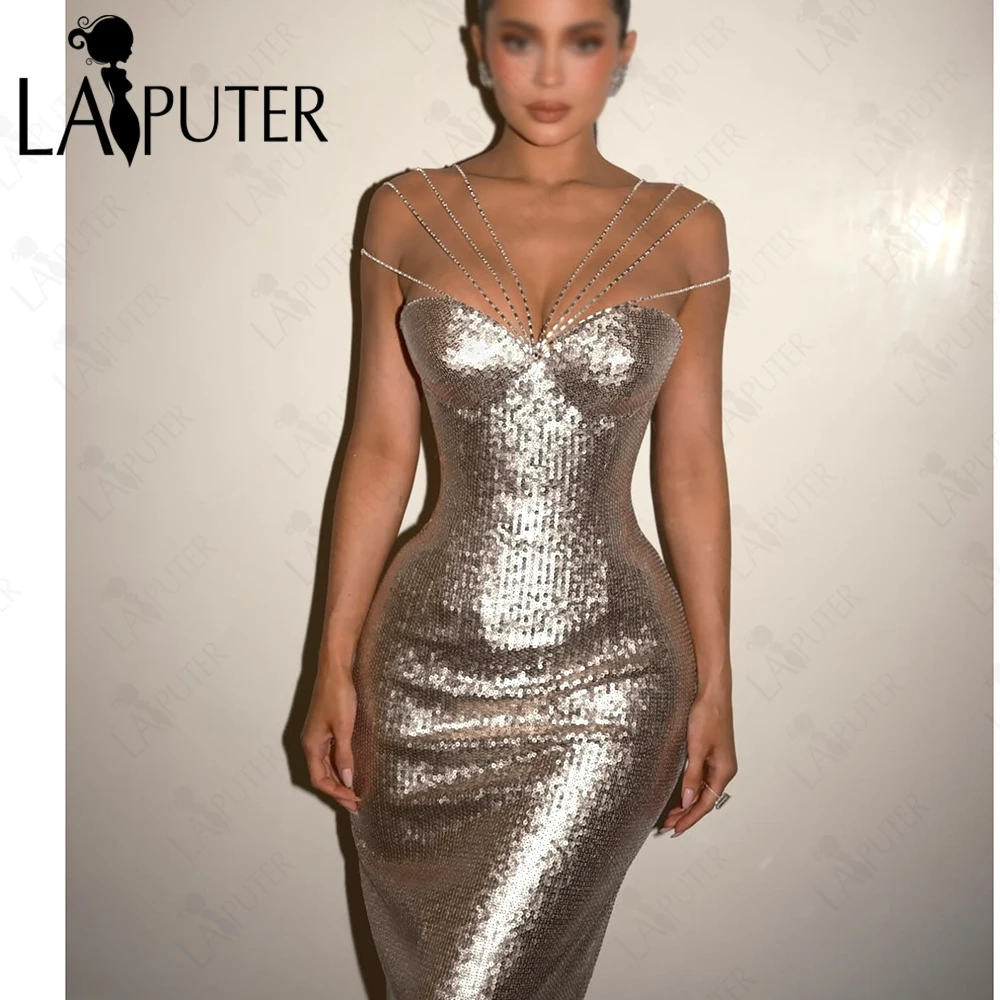 

Серебристое вечернее платье-русалка с пайетками, хрустальной цепочкой, вырезом халтер, облегающее, для вечеринок, в стиле знаменитостей, с разрезом сзади, элегантное, для торжественных мероприятий