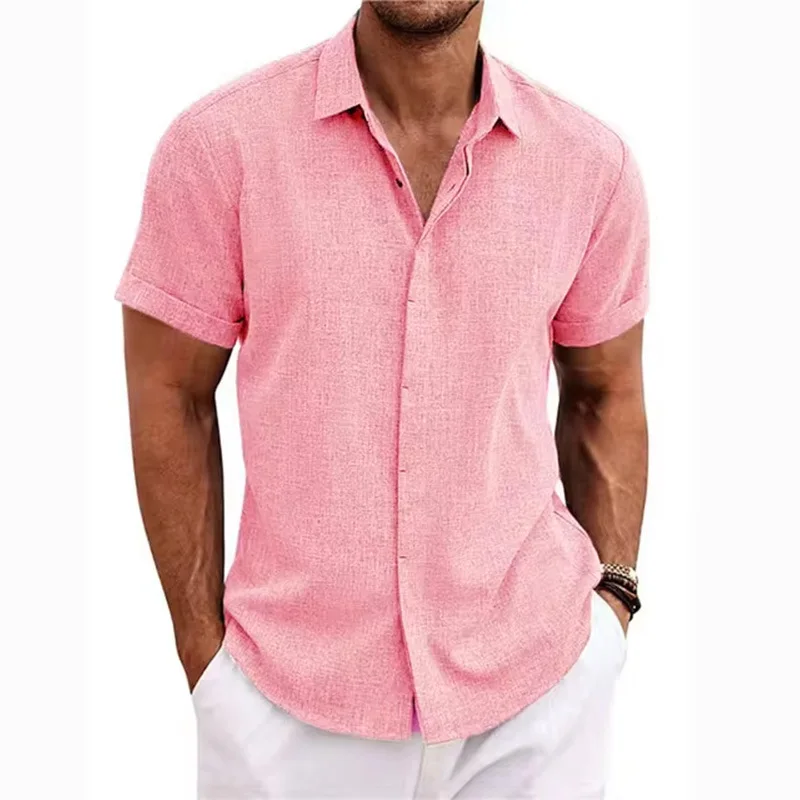 

Men White Shirt Short-sleeved Cotton Linen Comfortable Color Basic Top Casual Black Button Blouses for Male camisas de hombre