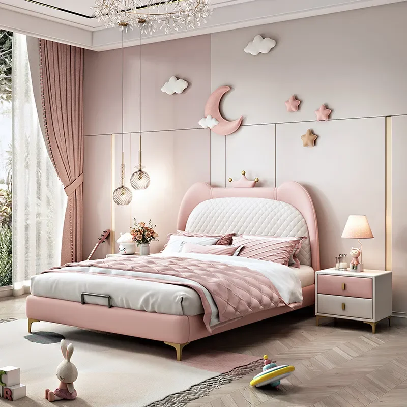 for Children Bed Girl Princess Bed Modern Simple Pink Crown Light Luxury Single  Soft Bag Leather Art  for Bedroom