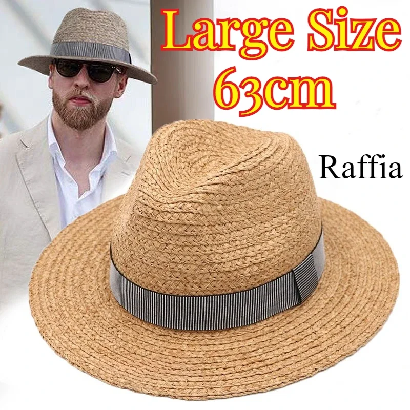 Großer Natürlicher Raffia Jazz Strohhut für Männer und Frauen mit Breiter Krempe Sommer Sonnenhut UPF50+ Reise Panama Strandhut Vintage 57-63cm