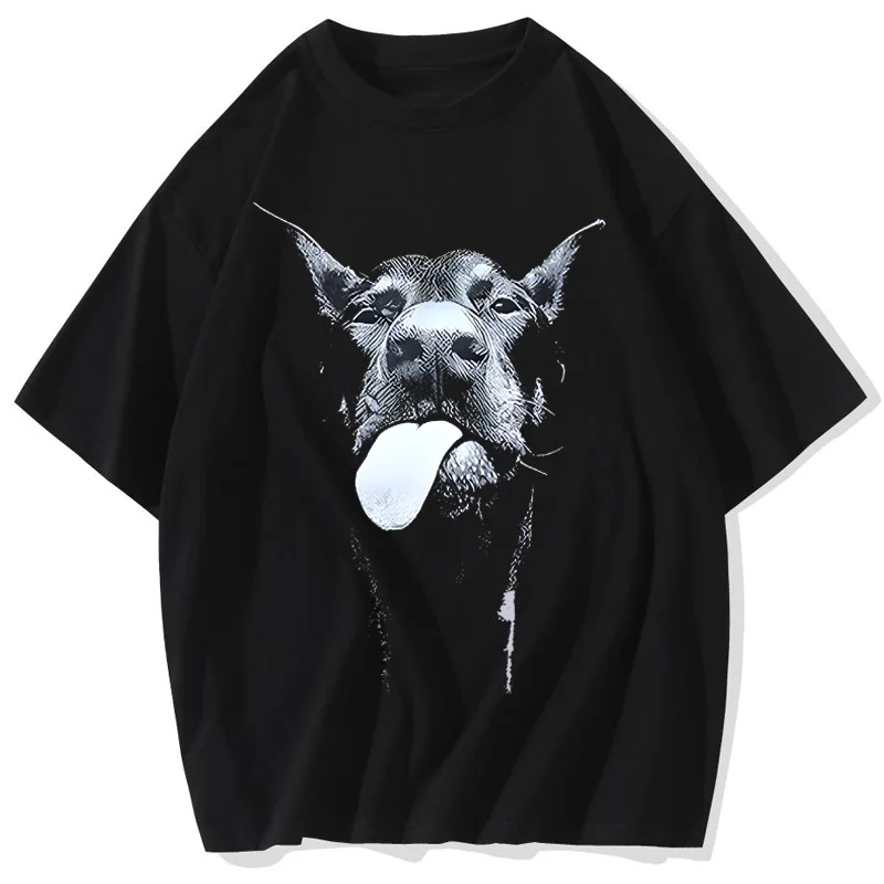 Men Gothic Letter Dog Printed T-Shirt Hip Hop Streetwear Punk Summer Vintage Washed Oversized T Shirts Tops men clothing