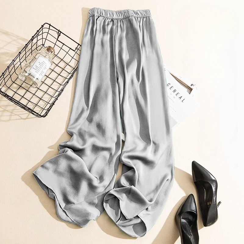 Korean style  High Waist Acetate Wide Leg Pants silk Trousers Acetate satin pants ankle-length women summer trousers SQ76