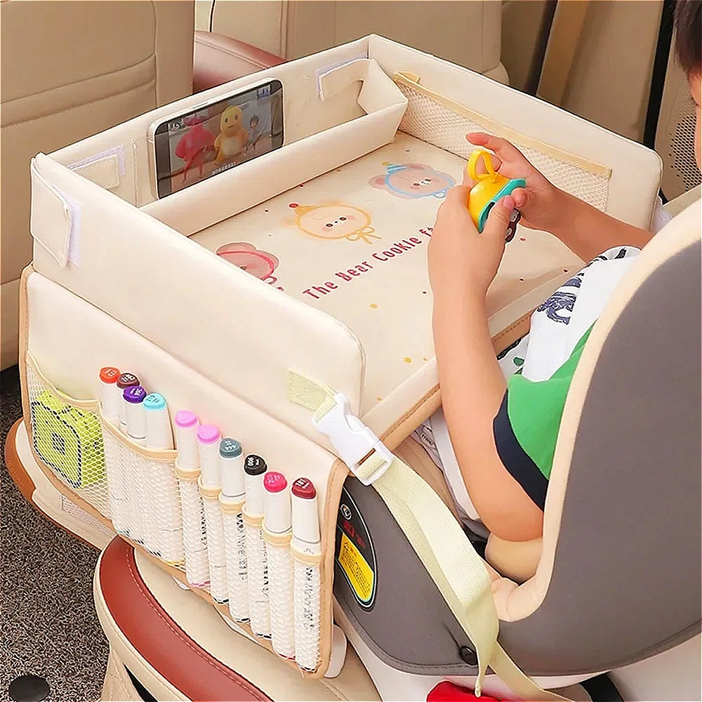 Foldable Kids Car Seat Tray with Storage, Snack Table & Drawing Board, Waterproof Travel Organizer for Child Backseat Dining