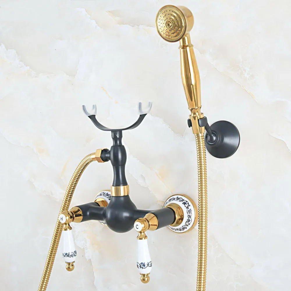 

Gold & Black Brass Wall Mounted Bathroom Hand Shower Faucet Set with 150CM Hose Handheld Spray Head Mixer Tap Dna560