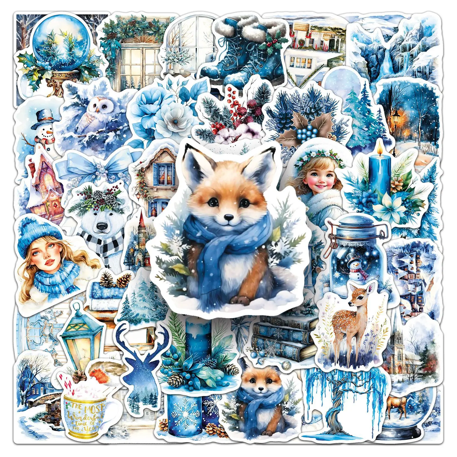 

50PCS Winter Hymn Sticker Fairy Tale Style Blue Series Graffiti Decorative Guitar Phone Case Luggage Waterproof Sticker Kids Toy