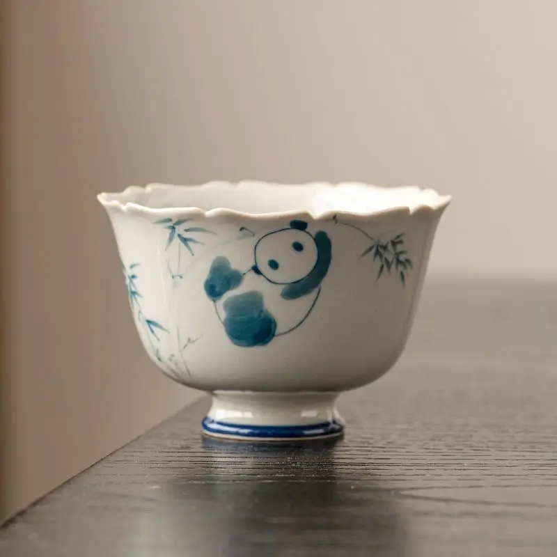 

Grass And Ash Hand-Painted Panda Playing Bamboo Tea Cup, Household Ceramic Kung Fu Tea Set, High Footed Cup