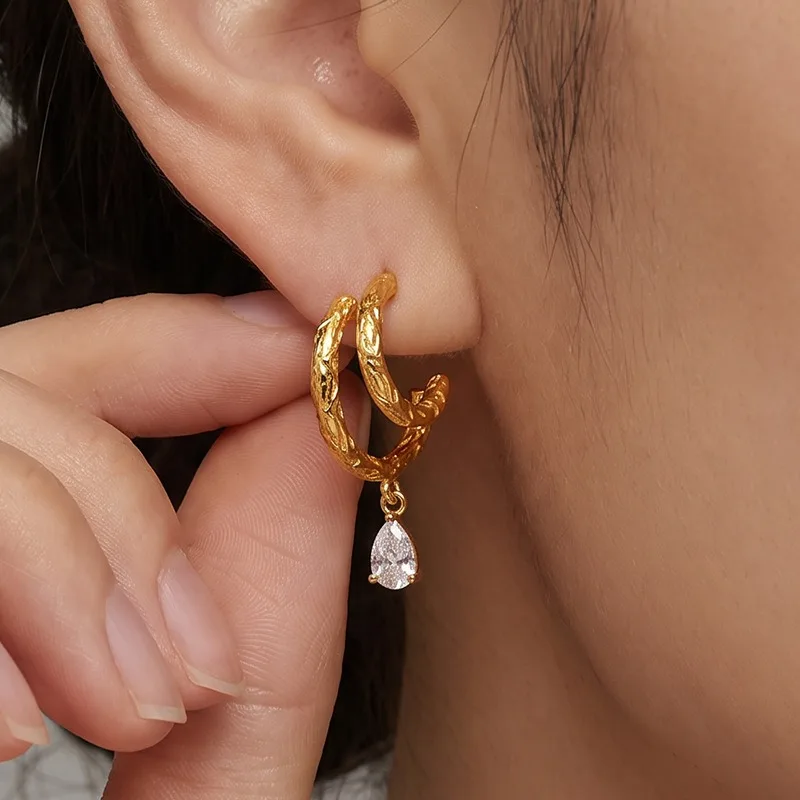 Gold Texture-Effect Double Circle Earrings Teardrop Cz Dangle For Women Stainless Steel Waterproof Textured Drop Jewelry Gift