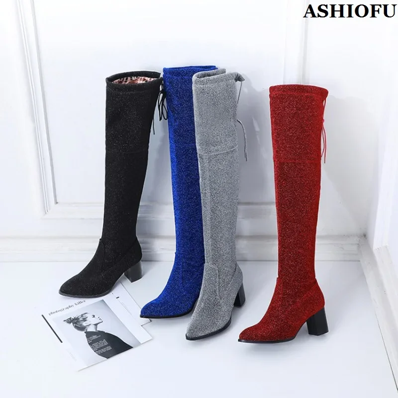 ASHIOFU New Arrival Handmade Women's 6cm Chunky Heels Over Knee Boots Night-club Party Long Booties Evening Fashion Winter Shoes