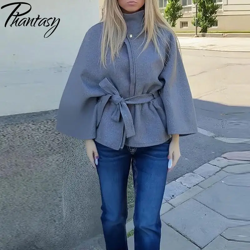 

Phantasy Elegant Grey Lace Up Woolen Coats Women Stand Collar Full Sleeve Jackets Autumn Winter Outerwear Female Tops 2025