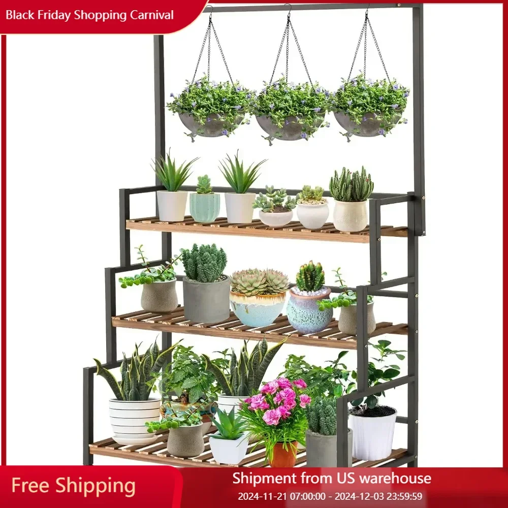 Hanging Plant Shelves Indoor 3-Tier Stand with Bar,Flower Pot Organizer for Multiple Plants, Wood Rack with Metal Frame