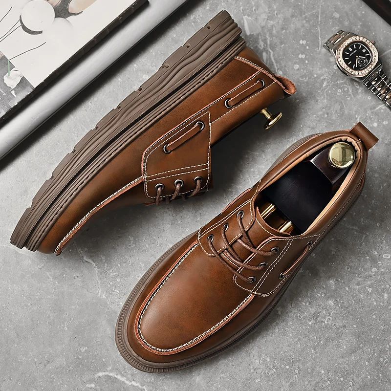 Hot Selling Autumn Lace Up Oxford Shoes Thick Soled Men\'s Genuine Leather Business Shoes Versatile Retro Brown Work Shoes