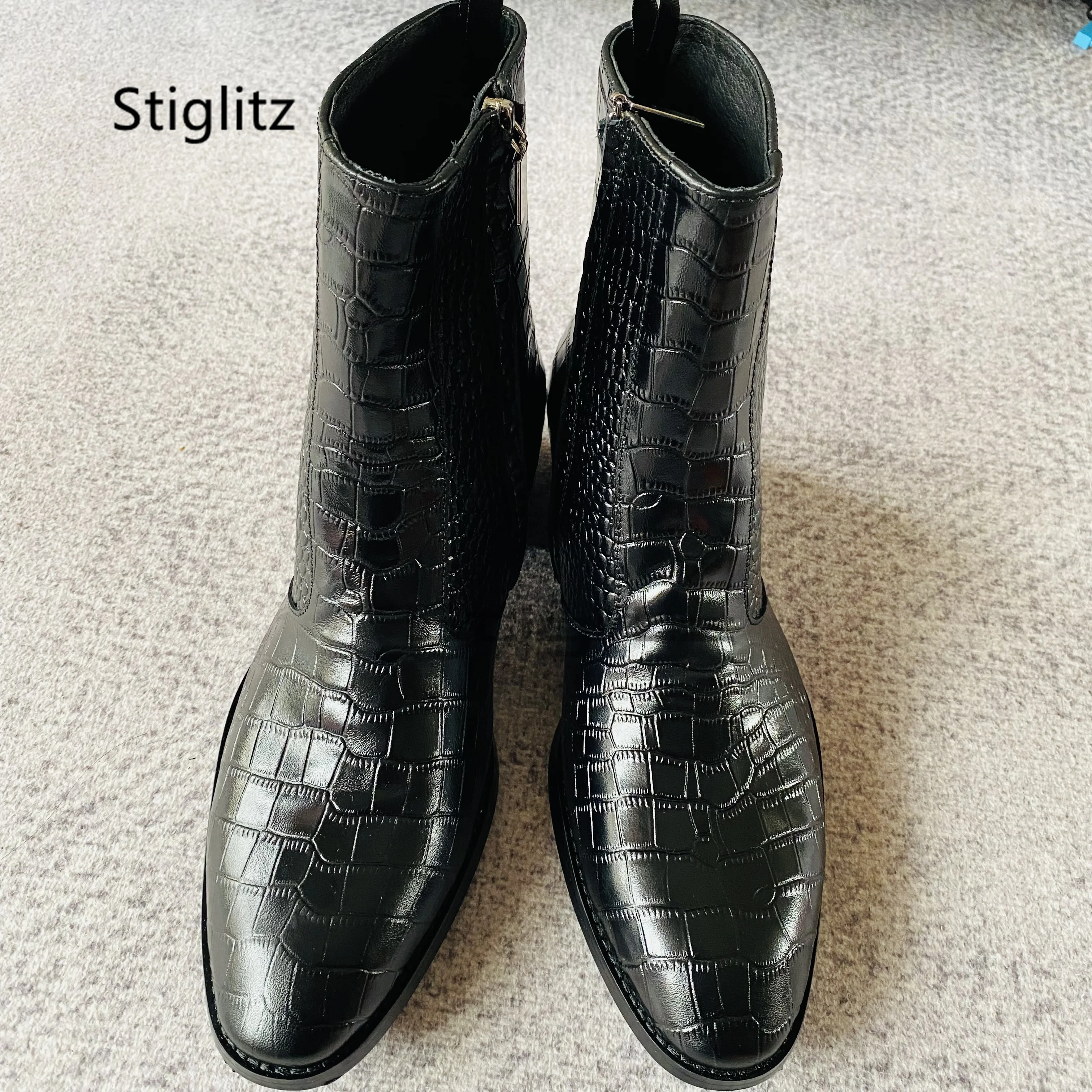 Alligator Leather Ankle Boots for Men Genuine Leather Zip Pointed Toe Thick Heel Black Chelsea Boots Business Dress Male Shoes - view 5