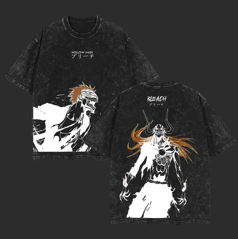 Hot Anime Bleach Kurosaki Ichigo Graphic Print T-shirt Men Women O-neck Cotton Short Sleeve Vintage Washed Oversized Summer Tee