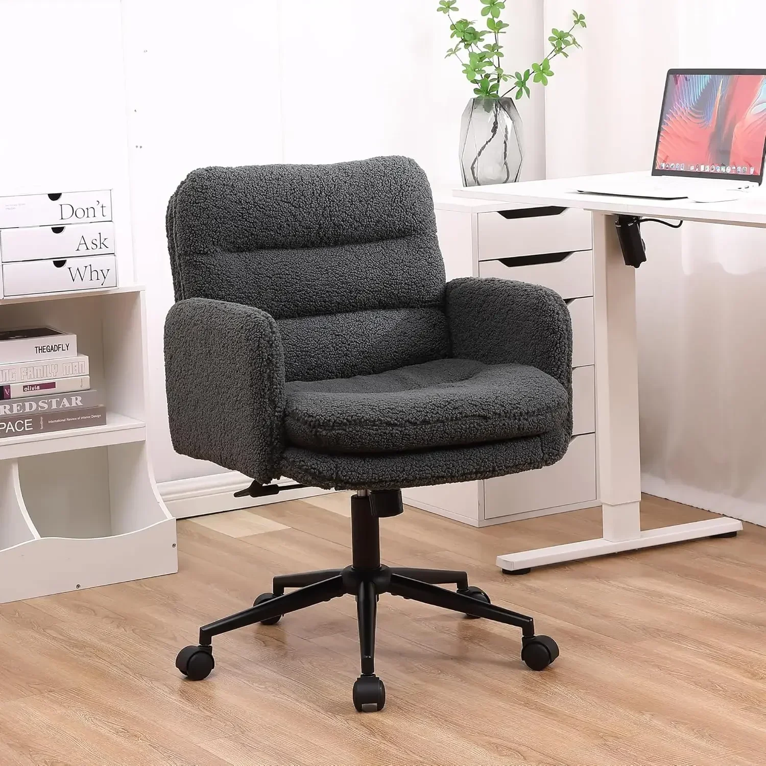 Adjustable Height Home Office Chair, Modern Mid Back Faux Cashmere Computer Desk Chair with Wheels