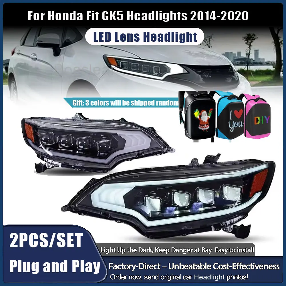 For Honda Fit Jazz GK5 2014-2020 Full LED Headlights with Dynamic Turning Signal DRL Four Lens Headlamps Assembly Plug and Play
