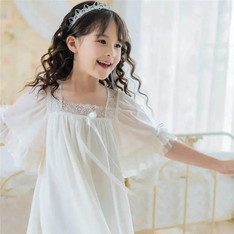 Summer Thin Girls Nightdress Middle and Large Children Nightgown Princess Style Lace nightdress Knee-length Baby Nightdress