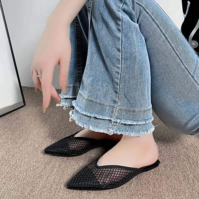 Fashion Ladies Backless Slippers Mules Women Pointed Toe Mules Mesh Mules Slides Women Slip on Mules Flat Mules Sandals