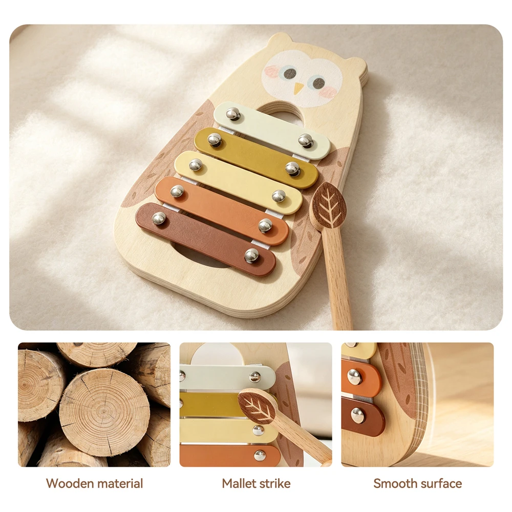 Baby Toys Wooden Owl Xylophone Toy with 5 Color Scale Bars and Mallet Musical Instrument Early Education Fine Motor Skills Gifts
