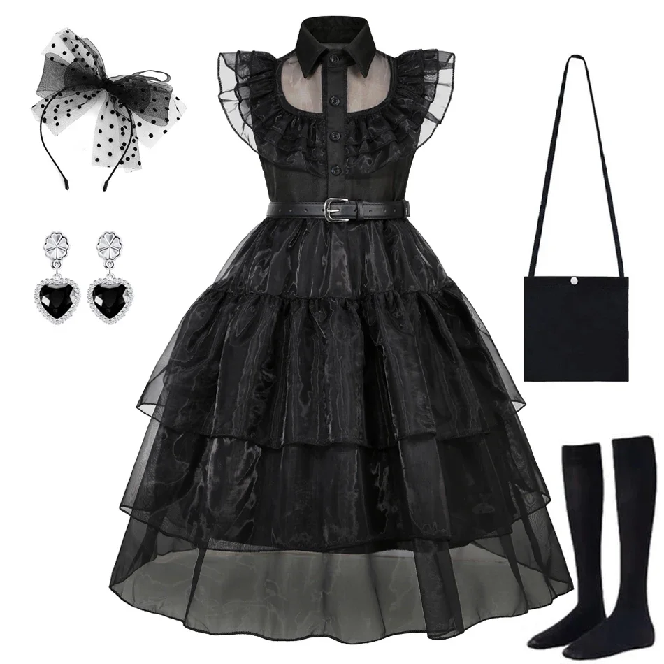 W-Wednesday Cosplay Black Dresses Addams Costume Halloween Kids Dressup