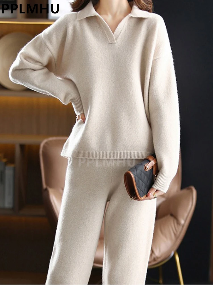 Thick Knit Sweatshirts 2 Piece Sets Women Fall Winter Loose Polo Collar Pullover Conjunto Korean High Waist  Straight Pants Suit