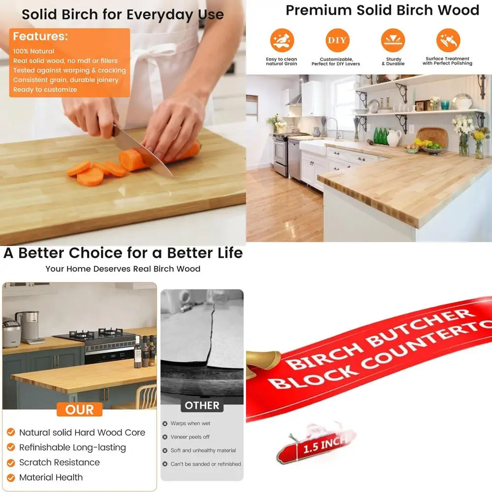 

18x25 Unfinished Birch Wood Cutting Board, 1.5 Thick DIY Kitchen Island Top