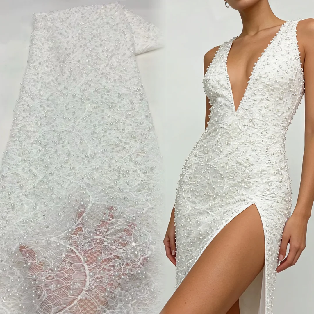 

White African Beaded Lace Fabric 2026 High-Quality Lace Nigerian French Sequined Mesh Lace Fabric for Wedding Party Dresses