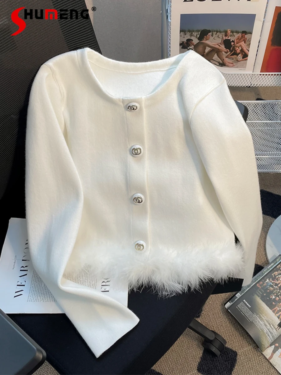 

New Fashion Feminine Elegant Knitted Cardigan Fur Stitching Design Sense Classic Style Fashion Long Sleeve Knitted Tops