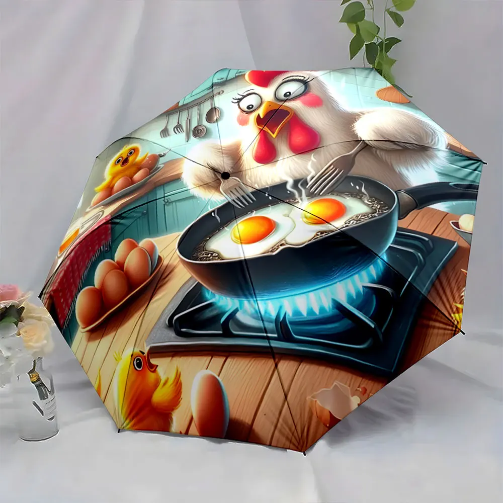 1PC Humorous Cartoon Chicken Cooking Eggs Print Umbrella Print 8 Iron Ribs Folding Umbrella Auto-Open Fashion Sunshade