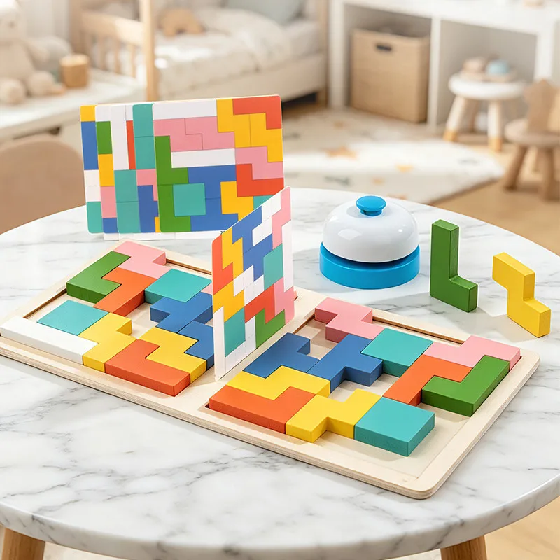 2-Spieler Holz-Kampfblockspiel mit Wettkampfglocke Kinder-Logiktraining Interaktives Brettspiel Familien-Party-Puzzlespiel für 3+