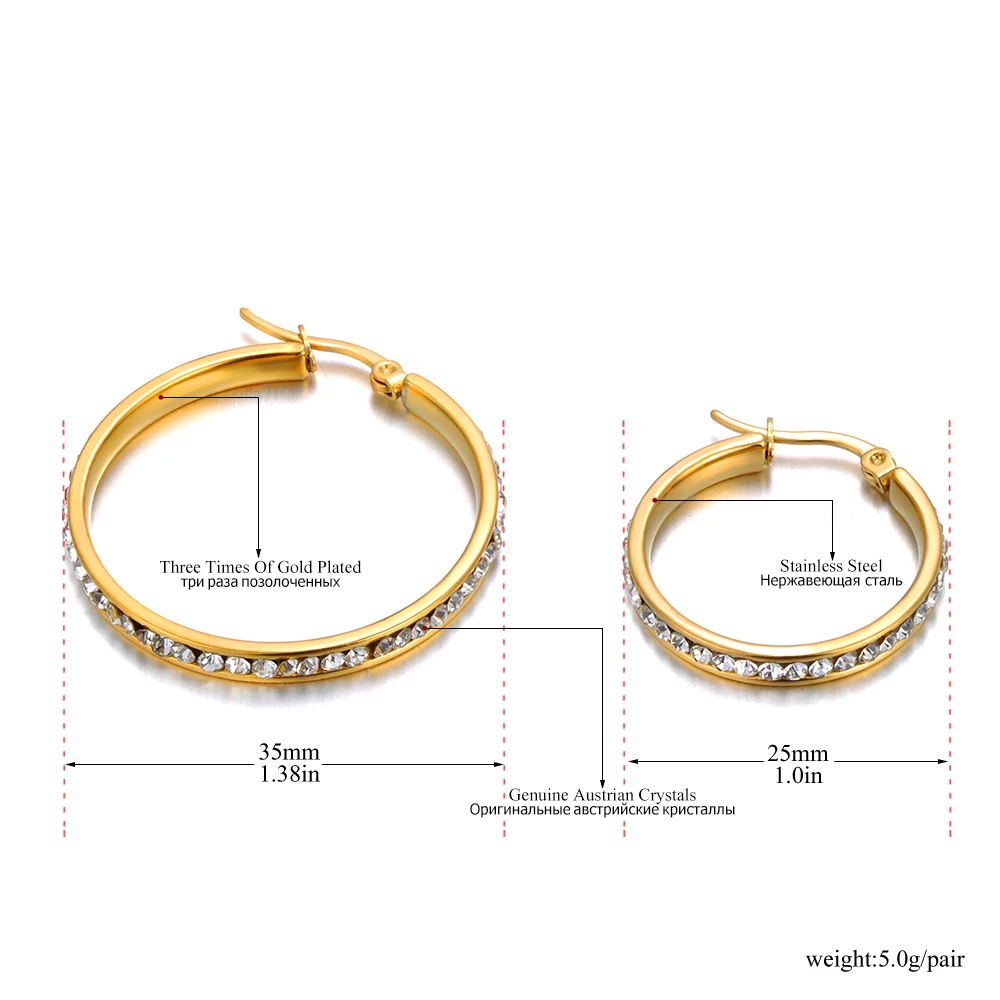 JeeMango Stainless Steel 35/25mm Hoop Earrings For Women Gold Color Cubic Zirconia Waterproof Texture Geometric Jewelry JE23152