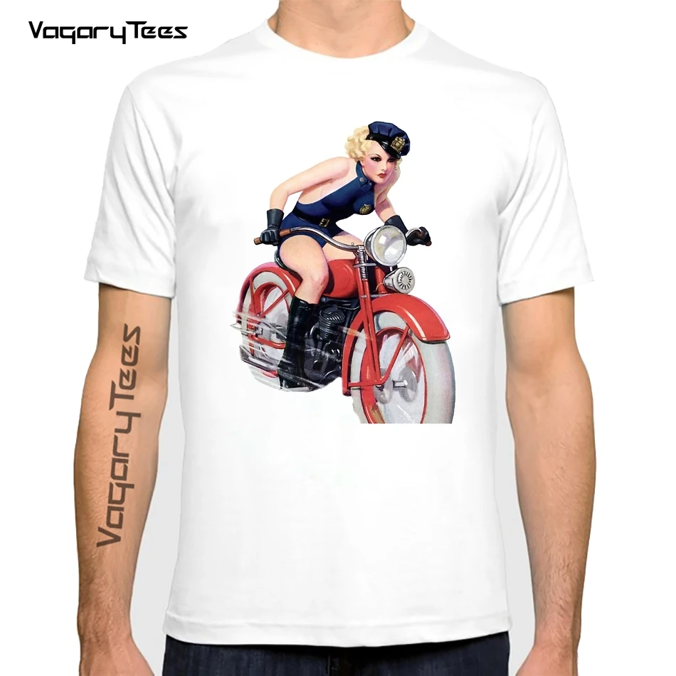 intage Collection Motorcycle Pin Up Girl Graphic T-Shirt Fashion Men Short Sleeve Old Print White Casual Tops Tshirt