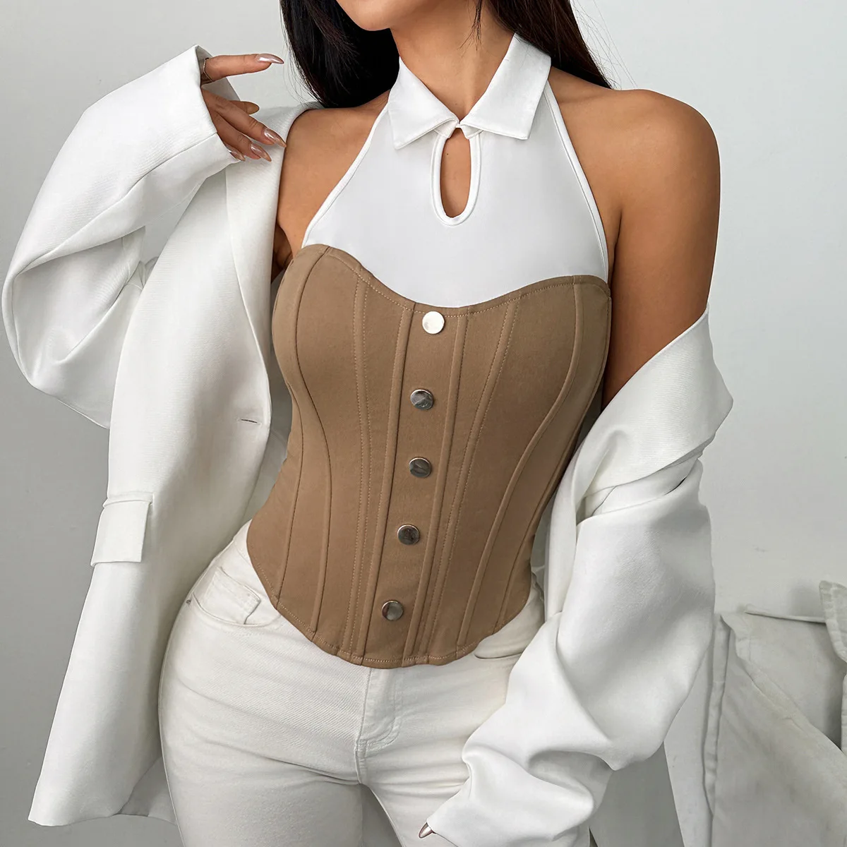 

Sexy Sleeveless Backless Halter Corset Crop Tops Female Commuting Fishbone Vest Summer Women Hollow Out Slim Tank Top Streetwear