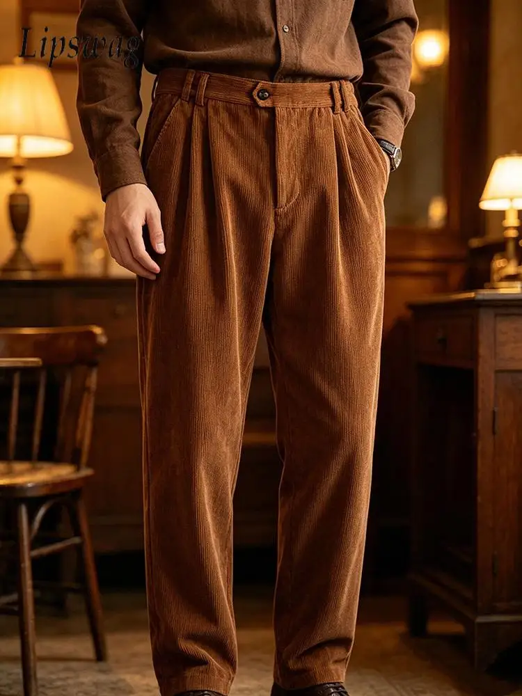 

Business Casual Mens Corduroy Trousers Spring Summer Classic Pleated Solid Color Straight Pants Men Vintage Loose Textured Pants
