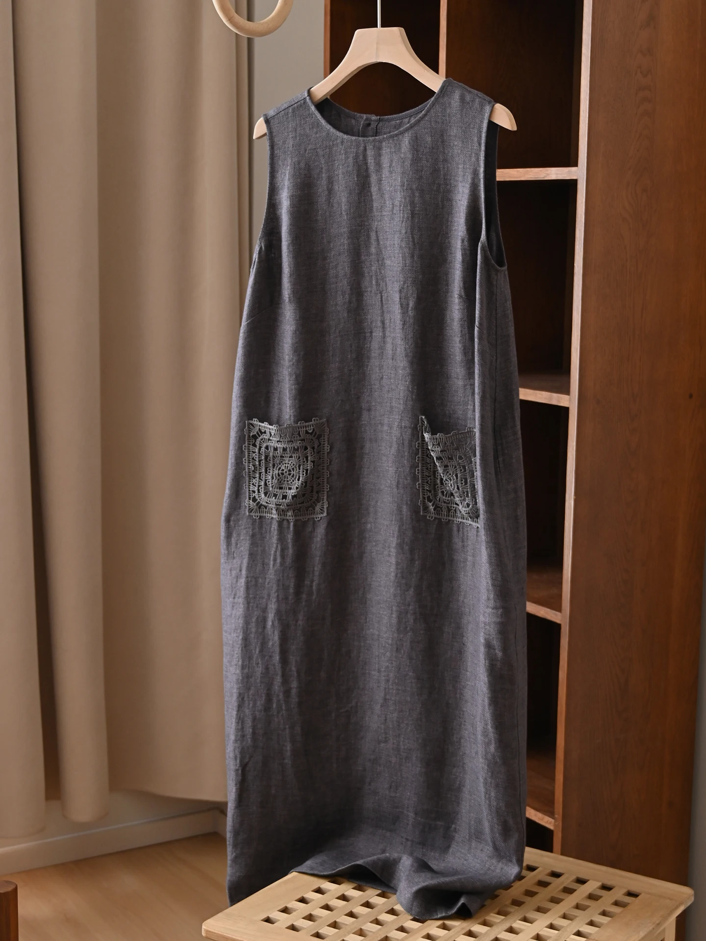 

Waed Linen Svel round Ne Dr ey Long Vest Dr Lazy Summer Feel Commute Soft Medium H-ape Loose Fit Daily Wear