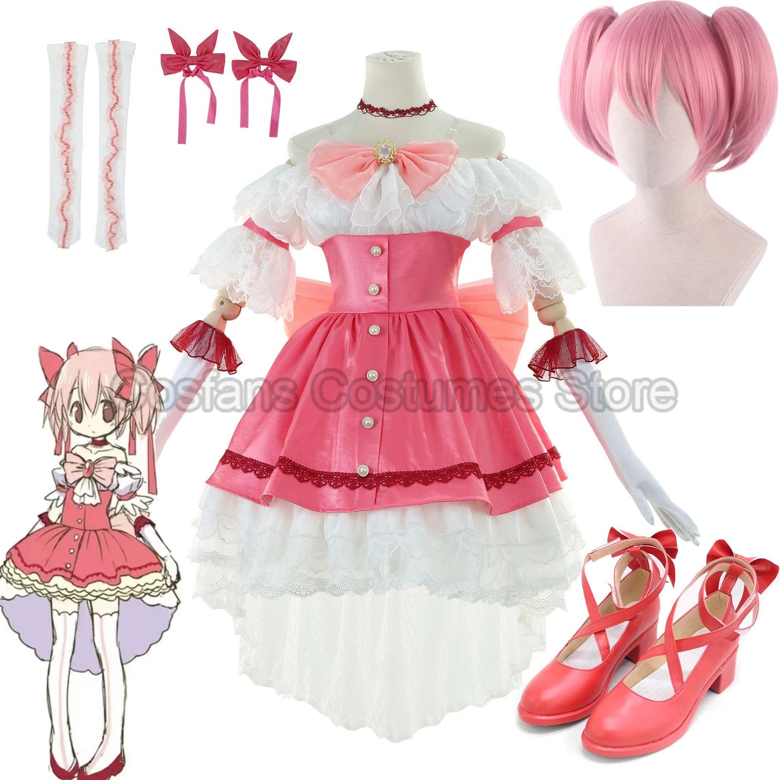 

Anime Kaname Madoka Cosplay Costume Anime Puella Magi Madoka Magica Cosplay Costume Madoka wig Bow Pink Dress For Girl Halloween