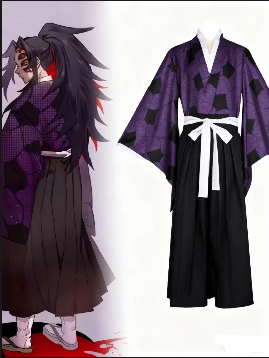 

Anime Kokushibo Cosplay Costume Black Purple Robe Kimono and Free Stickers Haori Halloween Costumes for Men