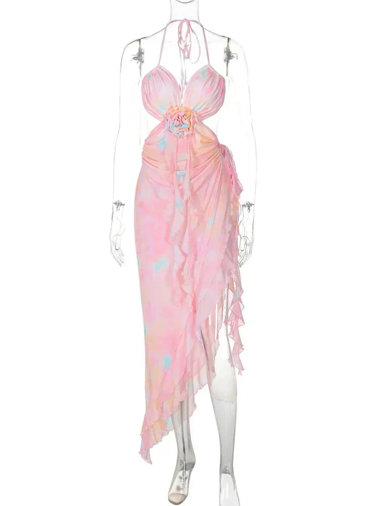 Sexy Gedruckt Mesh Lange Kleid Frauen Lace-Up Floral Backless Aushöhlen Rüschen Mode Verband Kleid frauen Kleid sommer