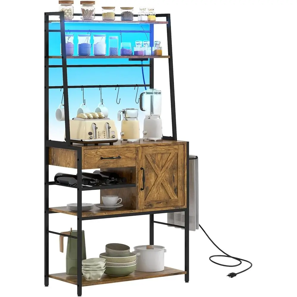 

Стеллаж с подсветкой LED, кофейный бар с местом для хранения, подставка для микроволновки и винная полка в индустриальном стиле, шкаф-дверца в стиле рустик-коричневый под старину