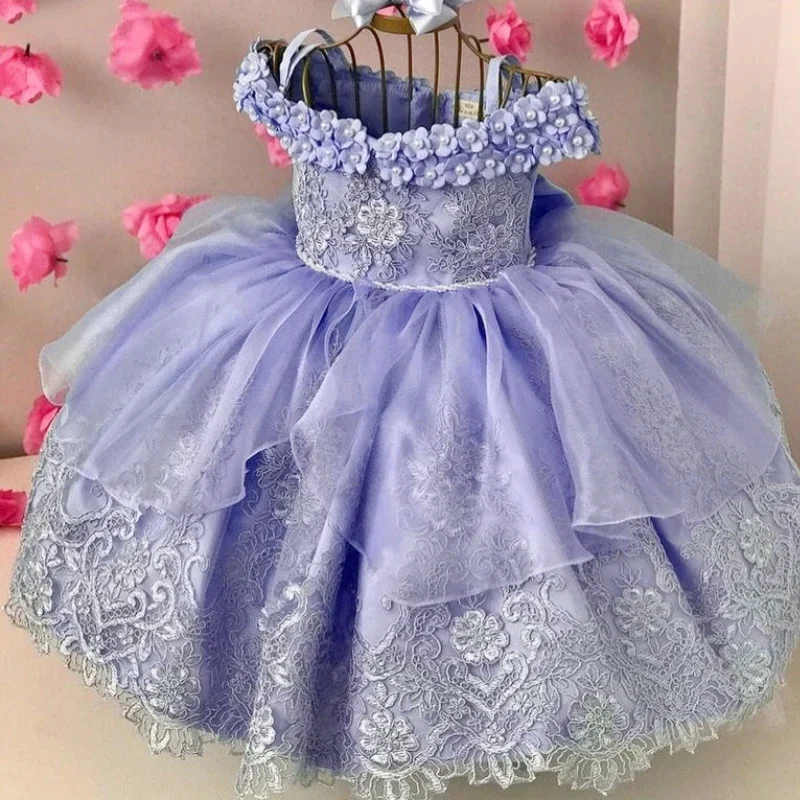 Sky Blue Flower Girl Dresses Lace Tulle Floral Beaded With Big Satin Bow Fit Wedding Party Birthday Princess Ball Gowns