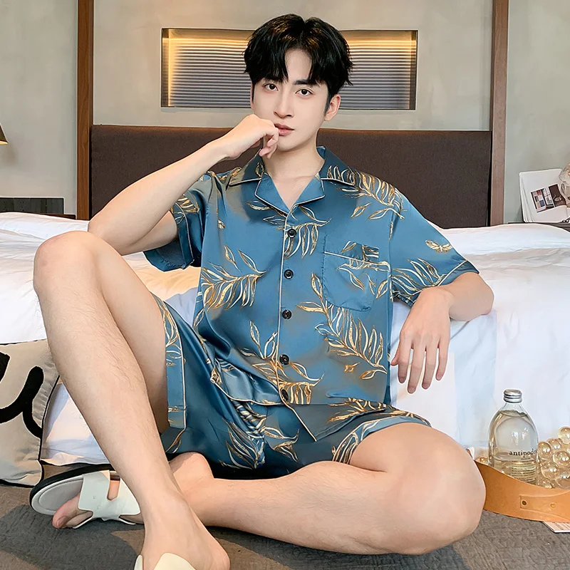 Summer Men's Silk Imitation Pajamas Print Sleepwear Cardigan Pajama Sets Casual Sleep&Lounge Pyjamas Short Sleeve Shorts Pijamas
