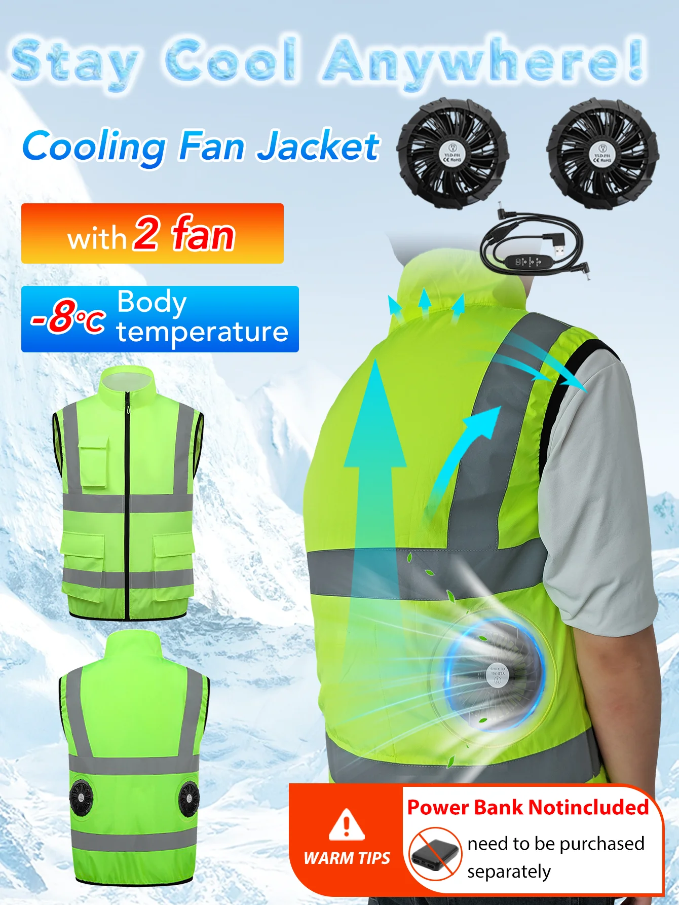 El traje de refrigeración con ventilador incluye 2 ventiladores, 9 aspas, ajuste de 3 velocidades de velocidad del viento, chaleco para viajes de pesca de verano (sin banco de energía)