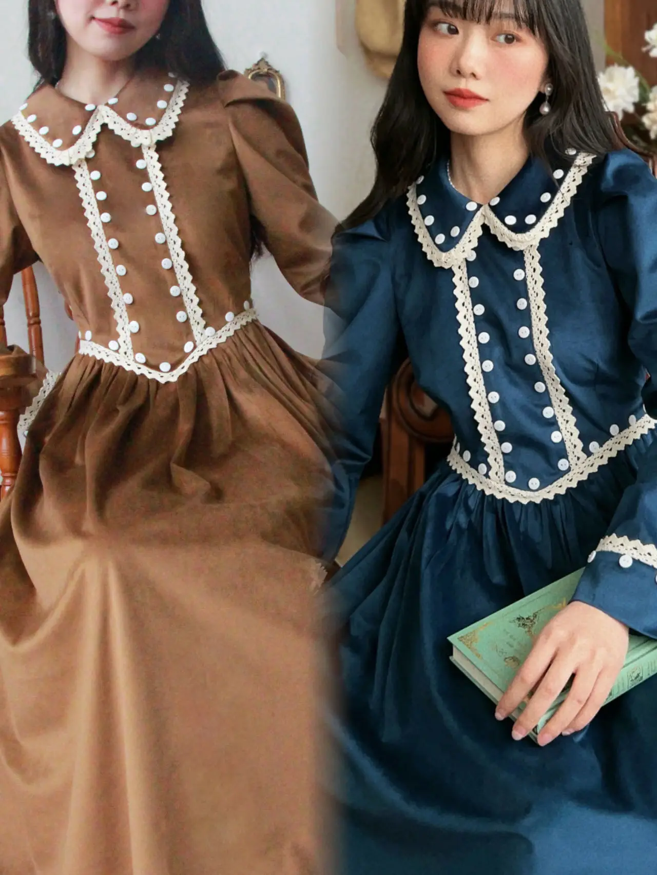 TIYIHAILEY Long Mid-Calf Women Ladies Velvet Dress Long Sleeve Brown S-L Spring Autumn Dresses Turn Down Collar Winter Vintage