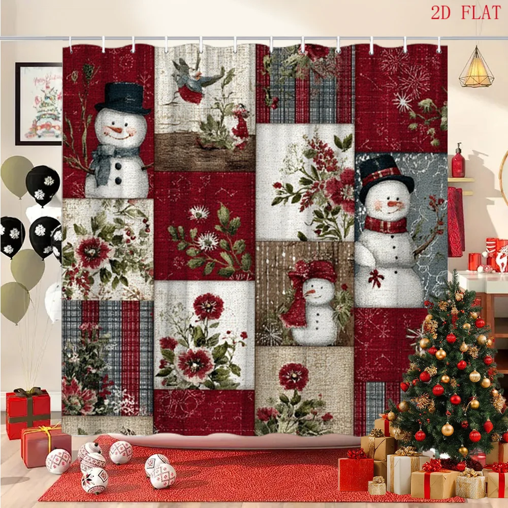 1pc of Vintage Snowman and Floral Patchwork Design Shower Curtain, Specifically for Christmas, Made of, Suitable for Bathroom Decoration. Dimensions Are 70.8inch X 70.8inch and Comes with Hooks
