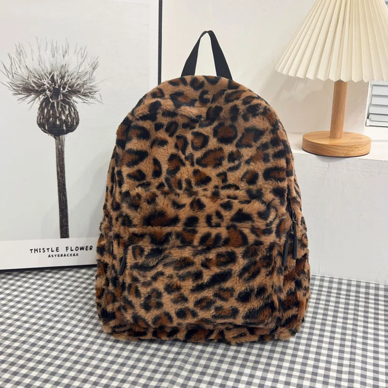 Plush Leopard Backpack Teenagers School Bag Large Capacity Fashion Students Bookbag Stylish Shoulder Backpack TravelOutdoor